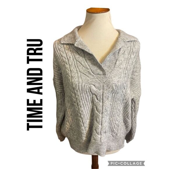 Time and Tru Gray Cable Knit V-Neck Collared Long Sleeve Sweater Size L (12-14) - Picture 1 of 9